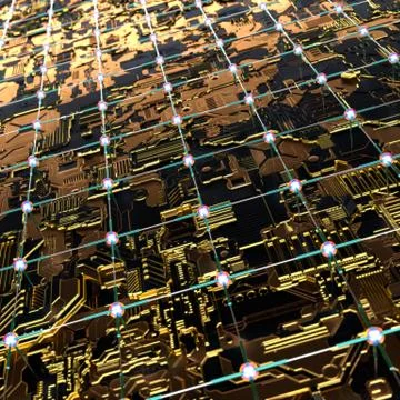 Circuit board futuristic server code processing. Angled view multicolor Stockillustratie