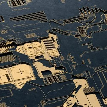 Circuit board futuristic server code processing. Gold and black technology Stock Illustration