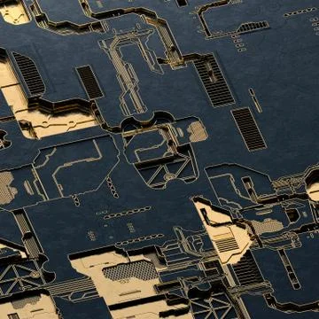 Circuit board futuristic server code processing. Gold and black technology Illustrazione stock