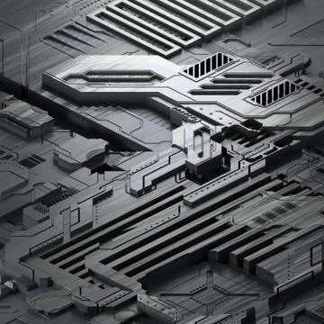 Circuit board futuristic server code processing. Gray technology background. 3d Stock Illustration