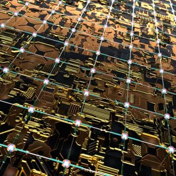 Circuit board futuristic server code processing. Angled view multicolor イラスト素材