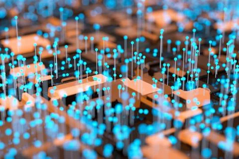 Circuit board with glowing cube and lines, 3d rendering. Stock Illustration