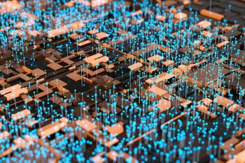 Circuit board with glowing cube and lines, 3d rendering. Illustrazione stock