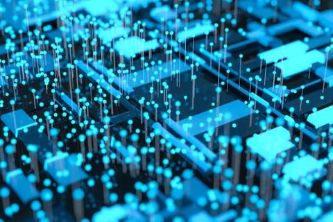 Circuit board with glowing cube and lines, 3d rendering. Illustrazione stock