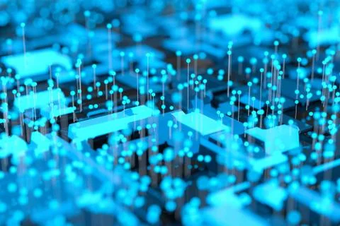 Circuit board with glowing cube and lines, 3d rendering. Illustrazione stock