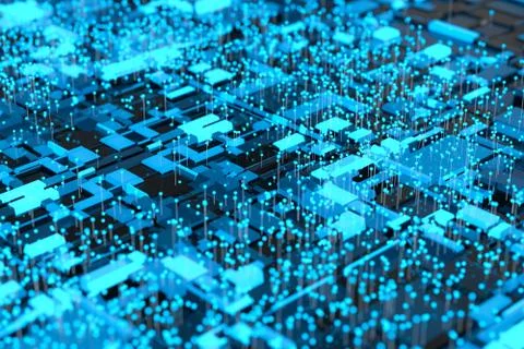 Circuit board with glowing cube and lines, 3d rendering. Illustrazione stock