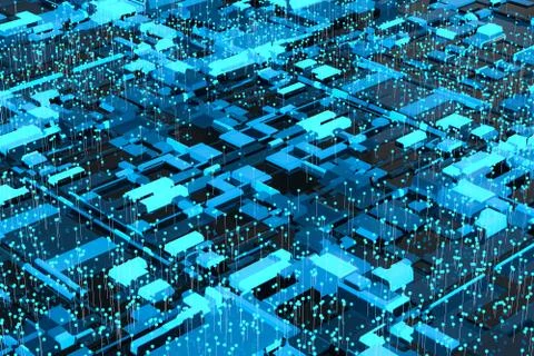Circuit board with glowing cube and lines, 3d rendering. Illustrazione stock