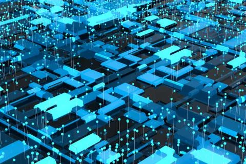 Circuit board with glowing cube and lines, 3d rendering. Illustrazione stock