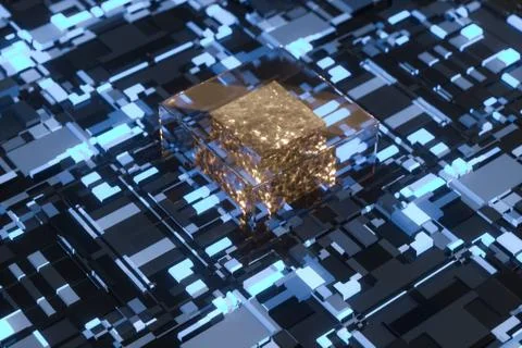 Circuit board with glowing cube and lines, 3d rendering. Illustrazione stock