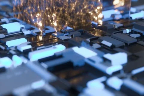 Circuit board with glowing cube and lines, 3d rendering. Illustrazione stock