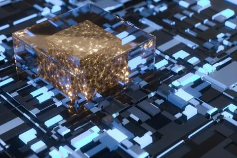 Circuit board with glowing cube and lines, 3d rendering. Illustrazione stock