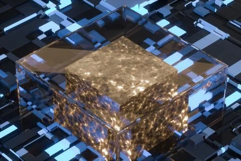 Circuit board with glowing cube and lines, 3d rendering. Illustrazione stock