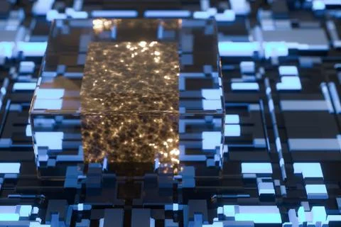 Circuit board with glowing cube and lines, 3d rendering. Stock Illustration