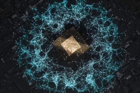 Circuit board with glowing cube and lines, 3d rendering. Illustrazione stock