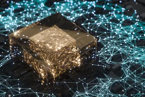 Circuit board with glowing cube and lines, 3d rendering. Stock Illustration