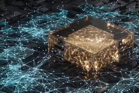 Circuit board with glowing cube and lines, 3d rendering. イラスト素材