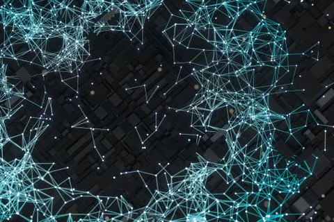 Circuit board with glowing cube and lines, 3d rendering. Illustrazione stock