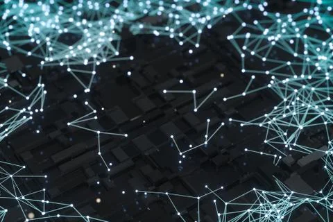 Circuit board with glowing cube and lines, 3d rendering. Illustrazione stock