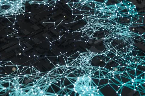 Circuit board with glowing cube and lines, 3d rendering. Illustrazione stock