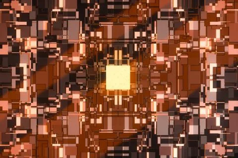 Circuit board with glowing cube and lines, 3d rendering. Illustrazione stock