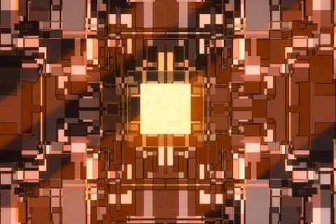 Circuit board with glowing cube and lines, 3d rendering. Illustrazione stock