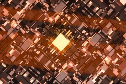 Circuit board with glowing cube and lines, 3d rendering. Illustrazione stock