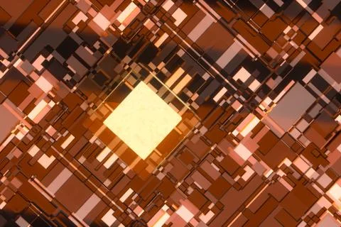 Circuit board with glowing cube and lines, 3d rendering. Illustrazione stock