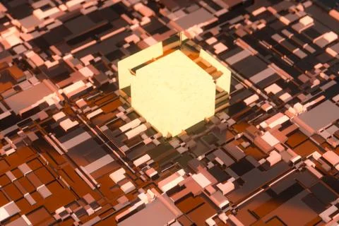 Circuit board with glowing cube and lines, 3d rendering. Illustrazione stock