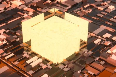 Circuit board with glowing cube and lines, 3d rendering. Illustrazione stock