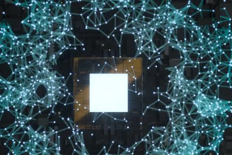 Circuit board with glowing cube and lines, 3d rendering. Illustrazione stock