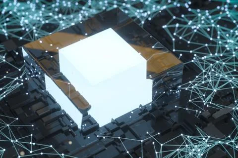 Circuit board with glowing cube and lines, 3d rendering. Illustrazione stock