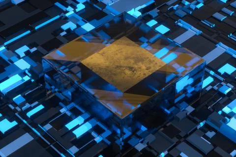 Circuit board with glowing cube and lines, 3d rendering. Illustrazione stock