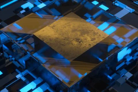 Circuit board with glowing cube and lines, 3d rendering. Stock Illustration