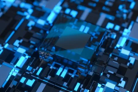 Circuit board with glowing cube and lines, 3d rendering. Illustrazione stock