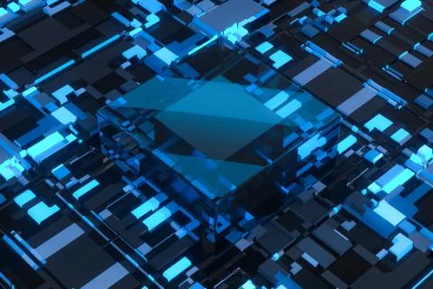Circuit board with glowing cube and lines, 3d rendering. Stock Illustration