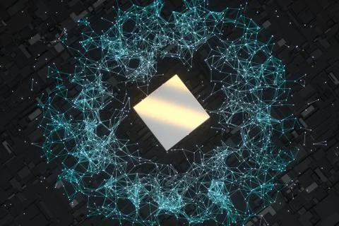 Circuit board with glowing cube and lines, 3d rendering. イラスト素材