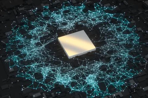 Circuit board with glowing cube and lines, 3d rendering. Illustrazione stock