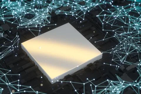 Circuit board with glowing cube and lines, 3d rendering. Illustrazione stock
