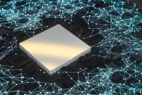 Circuit board with glowing cube and lines, 3d rendering. Stock Illustration