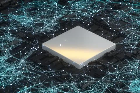 Circuit board with glowing cube and lines, 3d rendering. Illustrazione stock