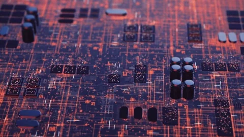 Circuit Board with Glowing Orange Traces and Chips Stock Footage 307125520
