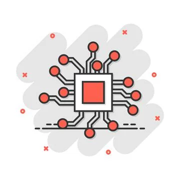 Circuit board icon in comic style. Technology microchip vector cartoon illust Stock Illustration