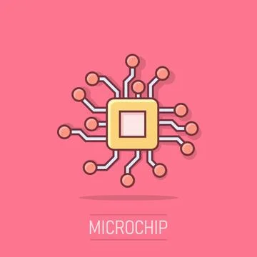 Circuit board icon in comic style. Technology microchip vector cartoon illu.. Illustrazione stock