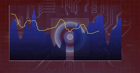 Circuit board image over fluctuating financial graph and data visualization Stock Photos