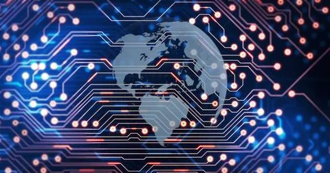 Circuit board image over world map, representing global digital connectivity Illustrazione stock