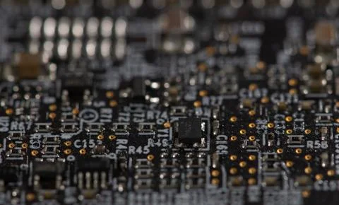 Circuit board with integrated hardware. Circuit board in electronic texture.  Stock Photos