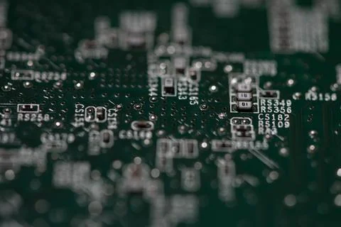 Circuit board with integrated microchip. Circuit board in electronic macro Stock Photos