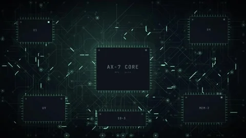 Circuit board layout with a labelled central processor core surrounded 動画素材 344557507