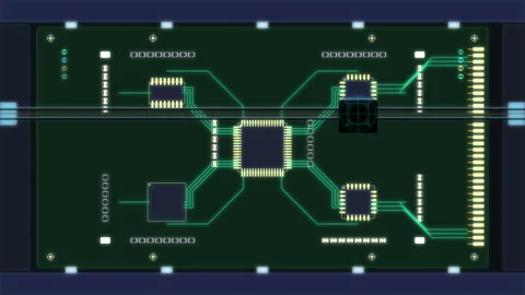 Circuit board loop with microchip and futuristic data stream 스톡 동영상 347245115