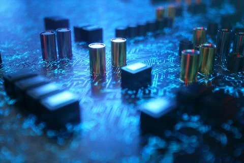 Circuit board with luminous tracks. Encoded data. Computer chip over circuit Stock Illustration